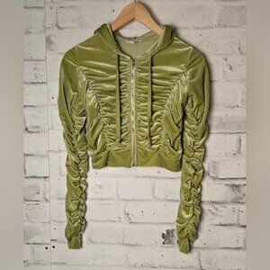 Fashion Nova Olive Green Cropped Ruched Velvet Zip-Up Hoodie